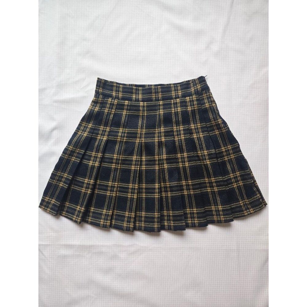 Full Tilt Plaid Pleated Mini Skirt Black Yellow Tartan Grunge Y2K Size XS